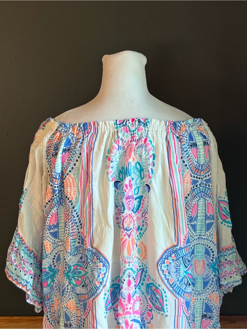 Lilly Pulitzer Fawna Off-The-Shoulder Dress White Pink Blue Chic Retreat Large - Picture 6 of 10